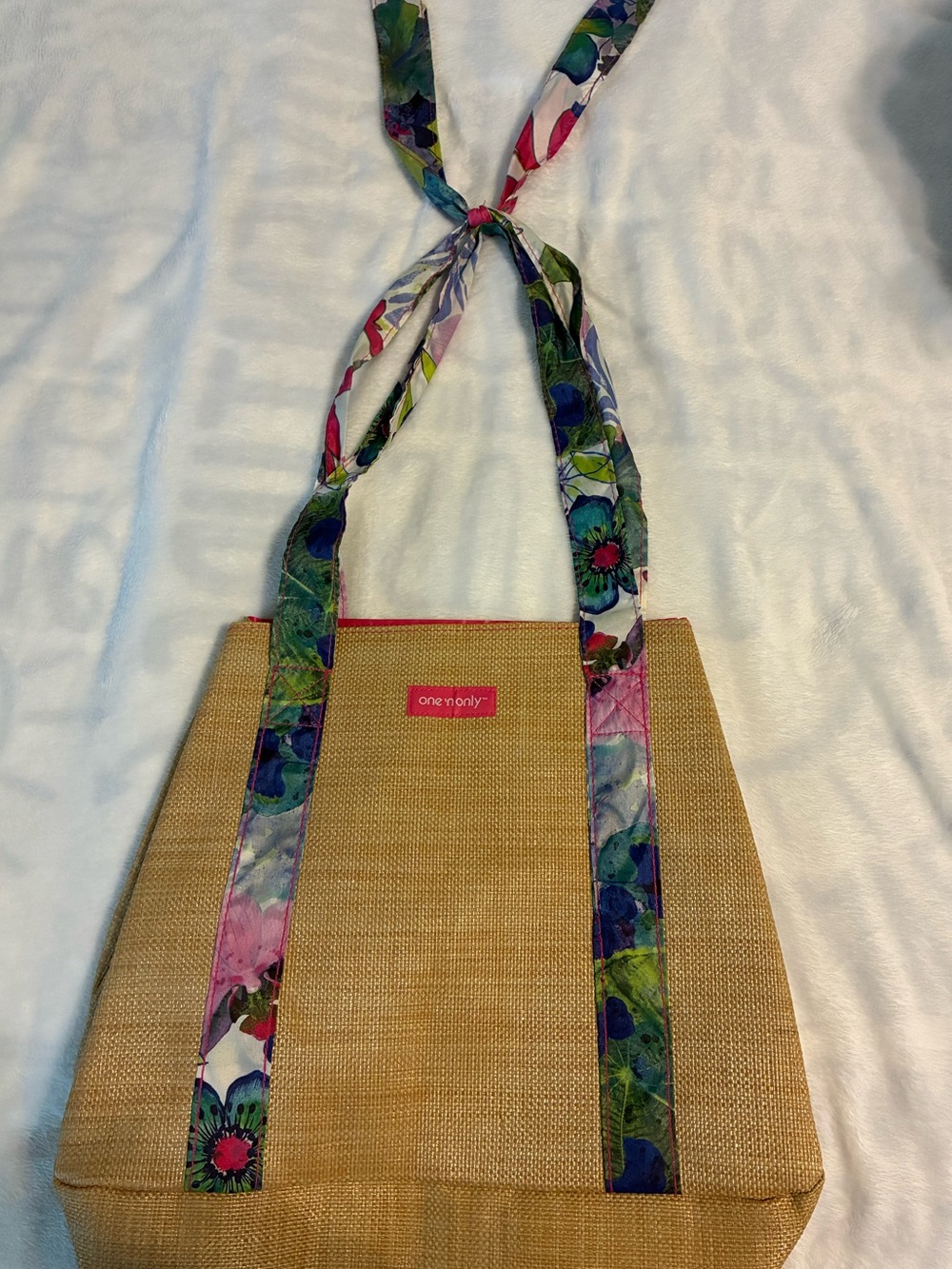 One ‘n Only Natural Straw Tote with Floral Tie-Strap